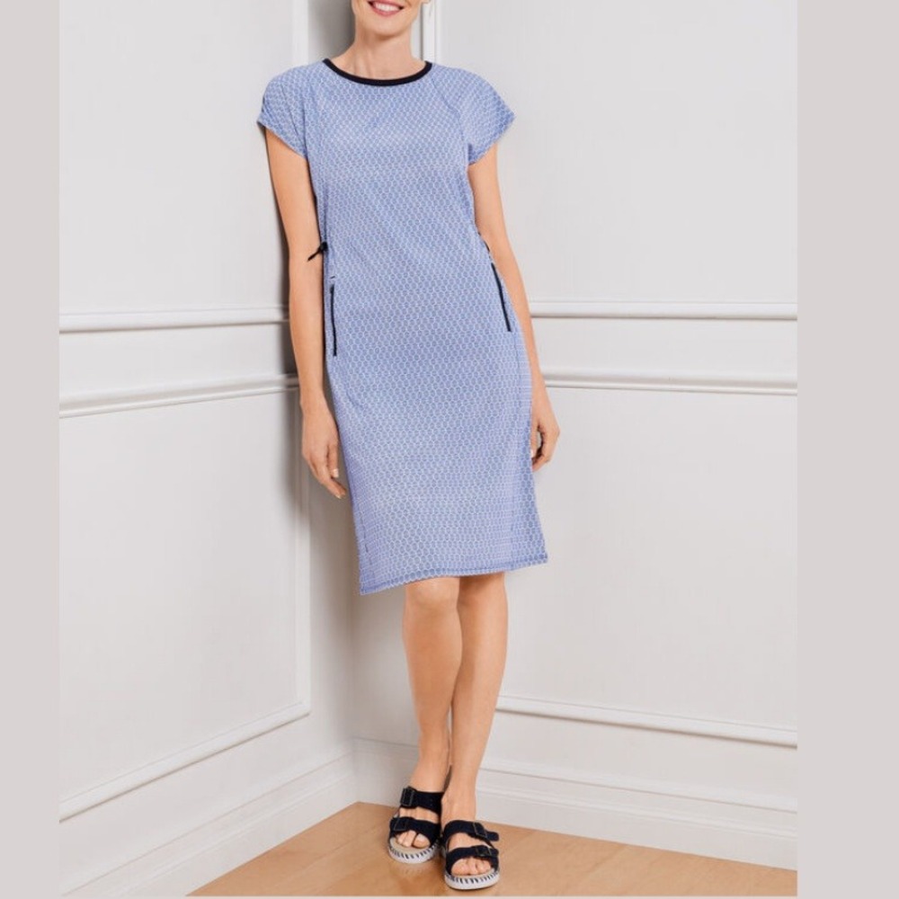 Talbots Blue Cinch Waist Active Shift Dress with Zip Pockets UPF50 Medium Petite